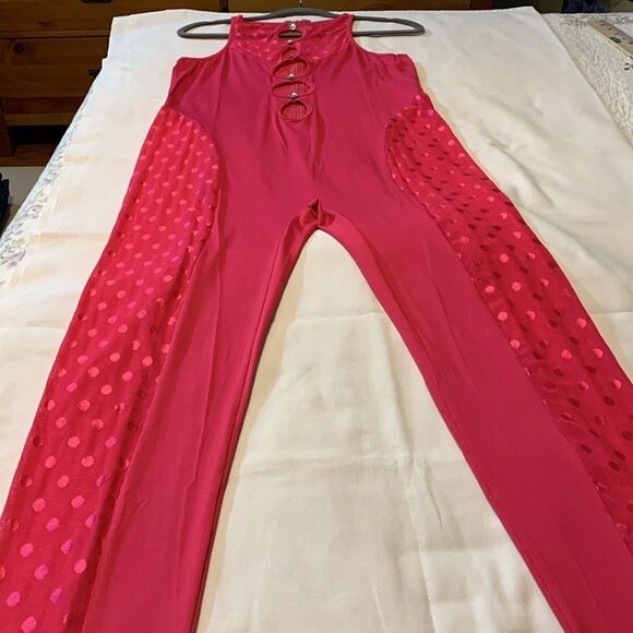 Size XL Bodycon Jumpsuit in hot pink.  Stage or dance outfit.  Sheer sides. - Picture 5 of 10